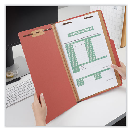 Image of Universal® Eight-Section Pressboard Classification Folders, 3" Expansion, 3 Dividers, 8 Fasteners, Legal Size, Red Exterior, 10/Box