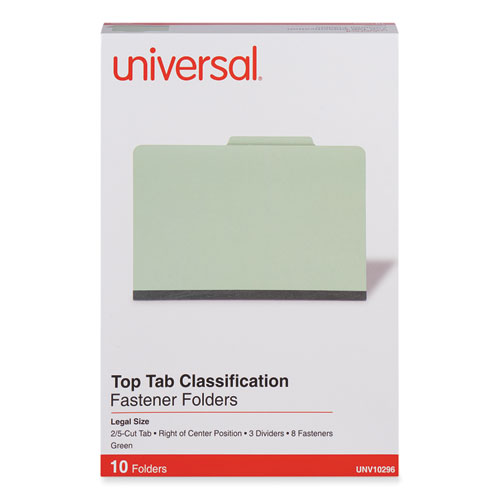 Eight-Section Pressboard Classification Folders, 3" Expansion, 3 Dividers, 8 Fasteners, Legal Size, Green Exterior, 10/Box