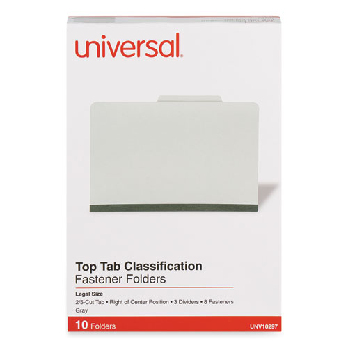 Image of Universal® Eight-Section Pressboard Classification Folders, 3" Expansion, 3 Dividers, 8 Fasteners, Legal Size, Gray Exterior, 10/Box