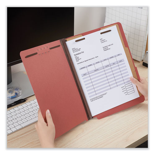 Image of Universal® Bright Colored Pressboard Classification Folders, 2" Expansion, 2 Dividers, 6 Fasteners, Letter Size, Ruby Red, 10/Box