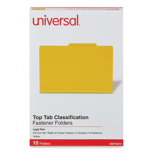 Image of Universal® Bright Colored Pressboard Classification Folders, 2" Expansion, 2 Dividers, 6 Fasteners, Legal Size, Yellow Exterior, 10/Box