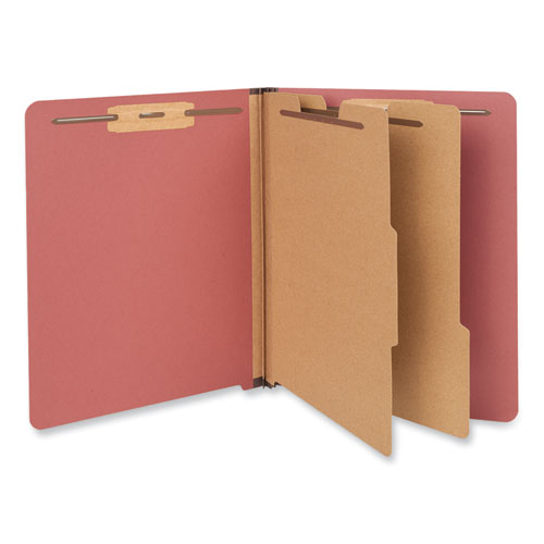 Image of Universal® Red Pressboard End Tab Classification Folders, 2" Expansion, 2 Dividers, 6 Fasteners, Letter Size, Red Exterior, 10/Box