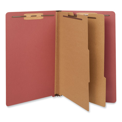 Universal® Red Pressboard End Tab Classification Folders, 2" Expansion, 2 Dividers, 6 Fasteners, Legal Size, Red Exterior, 10/Box