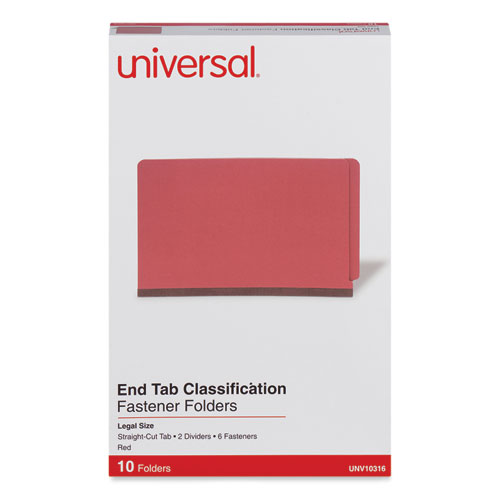 Image of Universal® Red Pressboard End Tab Classification Folders, 2" Expansion, 2 Dividers, 6 Fasteners, Legal Size, Red Exterior, 10/Box