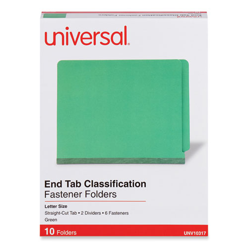 Deluxe Six-Section Pressboard End Tab Classification Folders, 2 Dividers, 6 Fasteners, Letter Size, Green, 10/Box