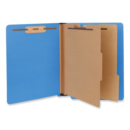 Image of Universal® Deluxe Six-Section Pressboard End Tab Classification Folders, 2 Dividers, 6 Fasteners, Letter Size, Cobalt Blue, 10/Box