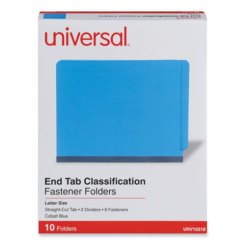 Universal® Deluxe Six-Section Pressboard End Tab Classification Folders, 2 Dividers, 6 Fasteners, Letter Size, Cobalt Blue, 10/Box