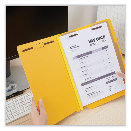 Image of Universal® Deluxe Six-Section Pressboard End Tab Classification Folders, 2 Dividers, 6 Fasteners, Letter Size, Yellow, 10/Box