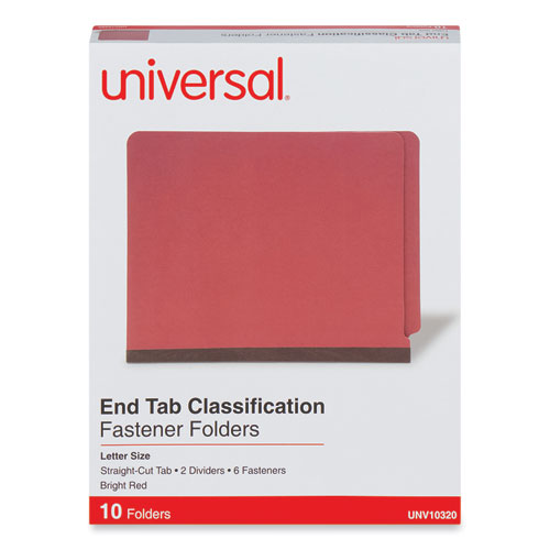 Deluxe Six-Section Pressboard End Tab Classification Folders, 2 Dividers, 6 Fasteners, Letter Size, Bright Red, 10/Box
