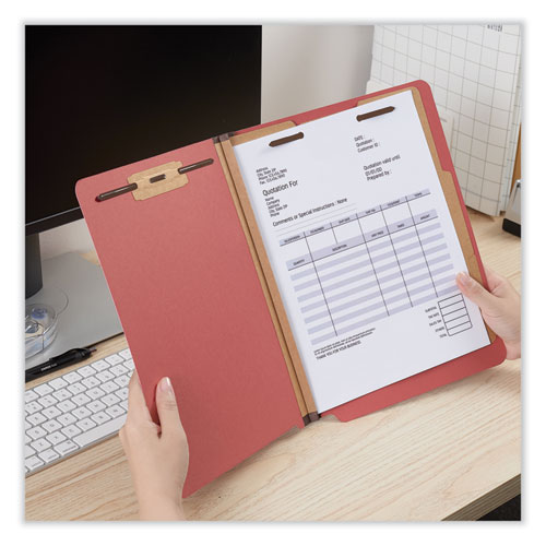Image of Universal® Deluxe Six-Section Pressboard End Tab Classification Folders, 2 Dividers, 6 Fasteners, Letter Size, Bright Red, 10/Box