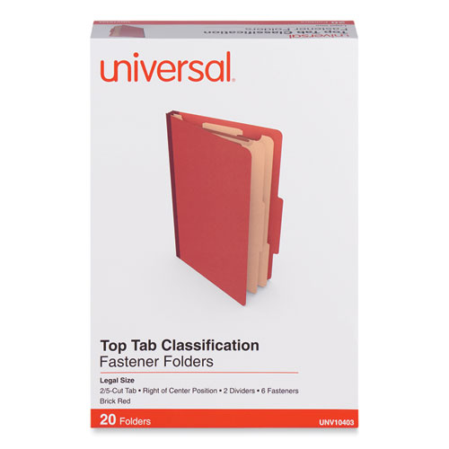 Image of Universal® Six-Section Classification Folders, Heavy-Duty Pressboard Cover, 2 Dividers, 6 Fasteners, Legal Size, Brick Red, 20/Box