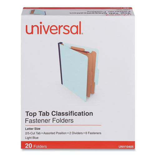 Universal® Six-Section Pressboard Classification Folders, 2.5" Expansion, 2 Dividers, 6 Fasteners, Letter Size, Light Blue, 20/Box