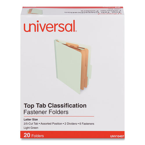 Universal® Six-Section Classification Folders, Heavy-Duty Pressboard Cover, 2 Dividers, 6 Fasteners, Letter Size, Light Green, 20/Box
