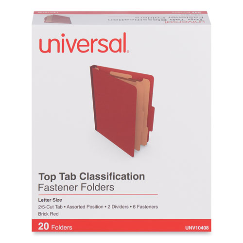 Universal® Six-Section Classification Folders, Heavy-Duty Pressboard Cover, 2 Dividers, 6 Fasteners, Letter Size, Brick Red, 20/Box