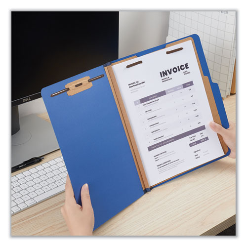 Image of Universal® Six-Section Pressboard Classification Folders, 2.5" Expansion, 2 Dividers, 6 Fasteners, Letter Size, Blue, 10/Box