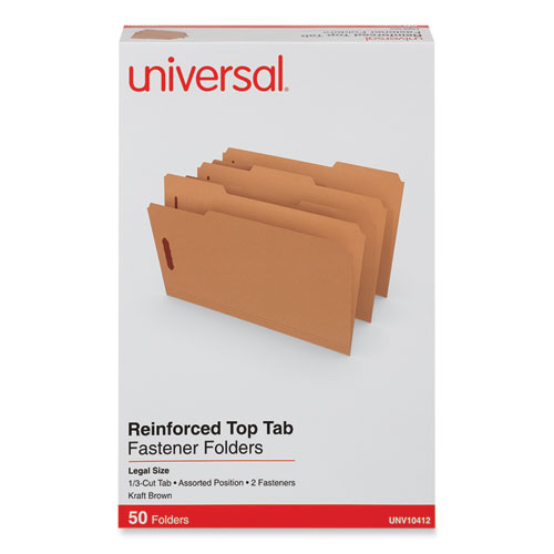 Image of Universal® Reinforced Top Tab Fastener Folders, 0.75" Expansion, 2 Fasteners, Legal Size, Brown Kraft Exterior, 50/Box