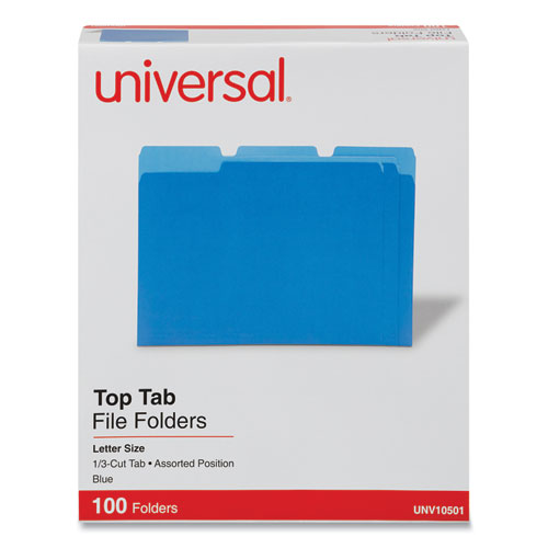 Universal® Deluxe Colored Top Tab File Folders, 1/3-Cut Tabs: Assorted, Letter Size, Blue/Light Blue, 100/Box