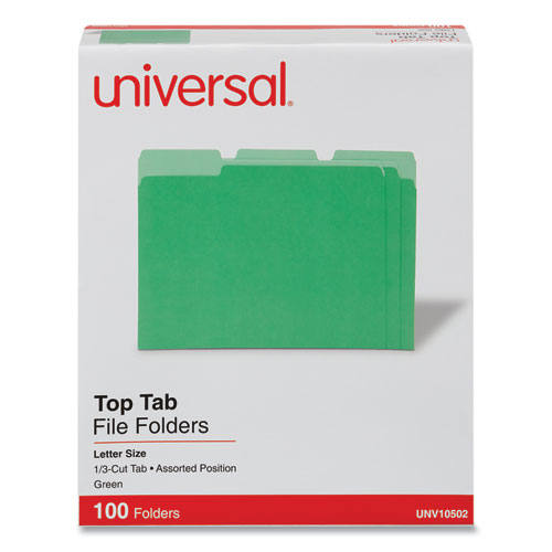 Universal® Deluxe Colored Top Tab File Folders, 1/3-Cut Tabs: Assorted, Letter Size, Green/Light Green, 100/Box