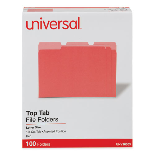 Deluxe Colored Top Tab File Folders, 1/3-Cut Tabs: Assorted, Letter Size, Red/Light Red, 100/Box