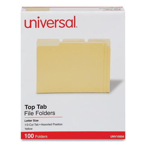 Image of Universal® Deluxe Colored Top Tab File Folders, 1/3-Cut Tabs: Assorted, Letter Size, Yellow/Light Yellow, 100/Box