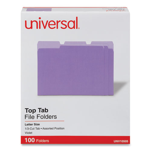 Universal® Deluxe Colored Top Tab File Folders, 1/3-Cut Tabs: Assorted, Letter Size, Violet/Light Violet, 100/Box