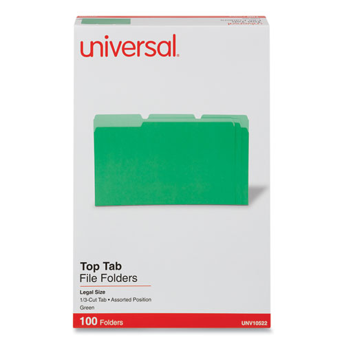 Image of Universal® Deluxe Colored Top Tab File Folders, 1/3-Cut Tabs: Assorted, Legal Size, Bright Green/Light Green, 100/Box