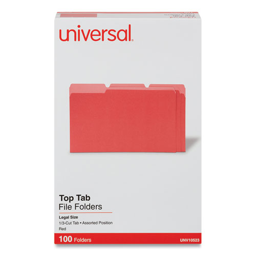 Universal® Deluxe Colored Top Tab File Folders, 1/3-Cut Tabs: Assorted, Legal Size, Red/Light Red, 100/Box