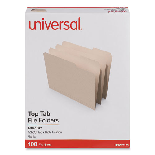 Image of Universal® Top Tab File Folders, 1/3-Cut Tabs: Right Position, Letter Size, 0.75" Expansion, Manila, 100/Box