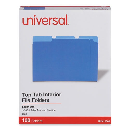 Universal® Interior File Folders, 1/3-Cut Tabs: Assorted, Letter Size, 11-Pt Stock, Blue, 100/Box