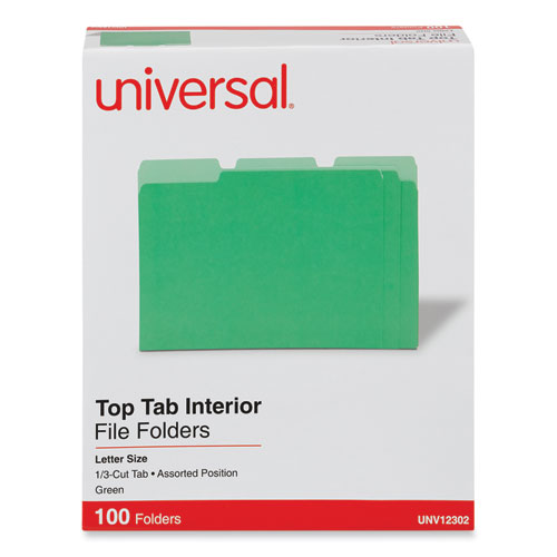 Universal® Interior File Folders, 1/3-Cut Tabs: Assorted, Letter Size, 11-Pt Stock, Green, 100/Box