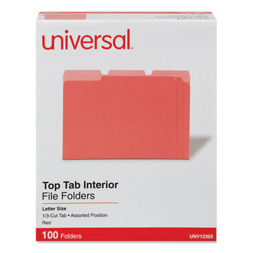 Universal® Interior File Folders, 1/3-Cut Tabs: Assorted, Letter Size, 11-Pt Stock, Red, 100/Box
