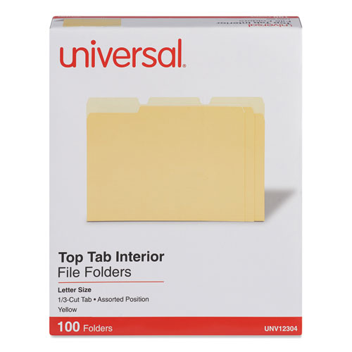 Universal® Interior File Folders, 1/3-Cut Tabs: Assorted, Letter Size, 11-Pt Stock, Yellow, 100/Box