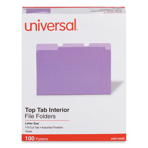 Universal® Interior File Folders, 1/3-Cut Tabs: Assorted, Letter Size, 11-Pt Stock, Violet, 100/Box