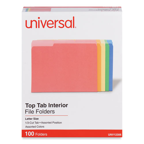 Universal® Interior File Folders, 1/3-Cut Tabs: Assorted, Letter Size, 11-Pt Stock, Assorted Colors, 100/Box