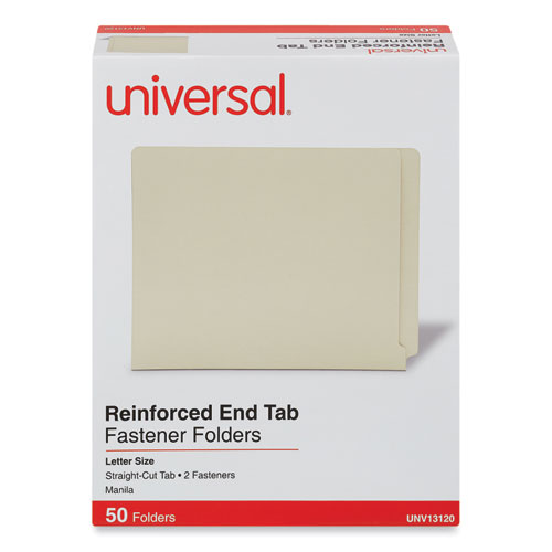 Universal® Reinforced End Tab Fastener Folders, 0.75" Expansion, 2 Fasteners, Letter Size, Manila Exterior, 50/Box