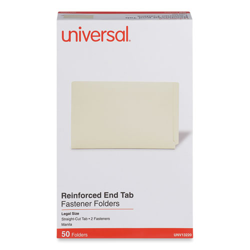 Image of Universal® Reinforced End Tab Fastener Folders, 0.75" Expansion, 2 Fasteners, Legal Size, Manila Exterior, 50/Box
