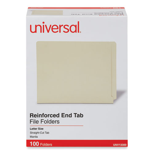 Image of Universal® Deluxe Reinforced End Tab Folders, 9" High Front, Straight Tabs, Letter Size, 0.75" Expansion, Manila, 100/Box
