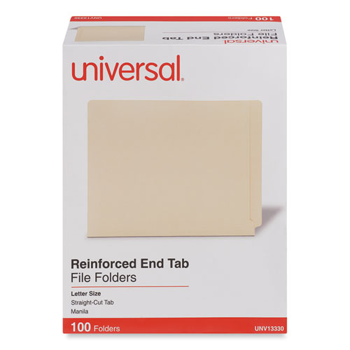 Universal® Deluxe Reinforced End Tab Folders, Straight Tabs, Letter Size, 0.75" Expansion, Manila, 100/Box