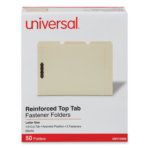 Universal® Deluxe Reinforced Top Tab Fastener Folders, 0.75" Expansion, 2 Fasteners, Letter Size, Manila Exterior, 50/Box
