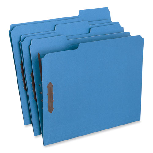 Image of Universal® Deluxe Reinforced Top Tab Fastener Folders, 0.75" Expansion, 2 Fasteners, Letter Size, Blue Exterior, 50/Box