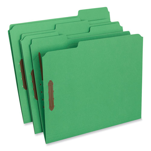 Image of Universal® Deluxe Reinforced Top Tab Fastener Folders, 0.75" Expansion, 2 Fasteners, Letter Size, Green Exterior, 50/Box