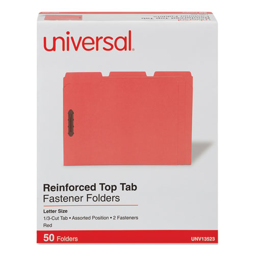 Universal® Deluxe Reinforced Top Tab Fastener Folders, 0.75" Expansion, 2 Fasteners, Letter Size, Red Exterior, 50/Box