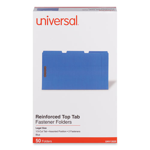 Universal® Deluxe Reinforced Top Tab Fastener Folders, 0.75" Expansion, 2 Fasteners, Legal Size, Blue Exterior, 50/Box