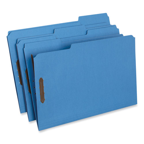 Image of Universal® Deluxe Reinforced Top Tab Fastener Folders, 0.75" Expansion, 2 Fasteners, Legal Size, Blue Exterior, 50/Box