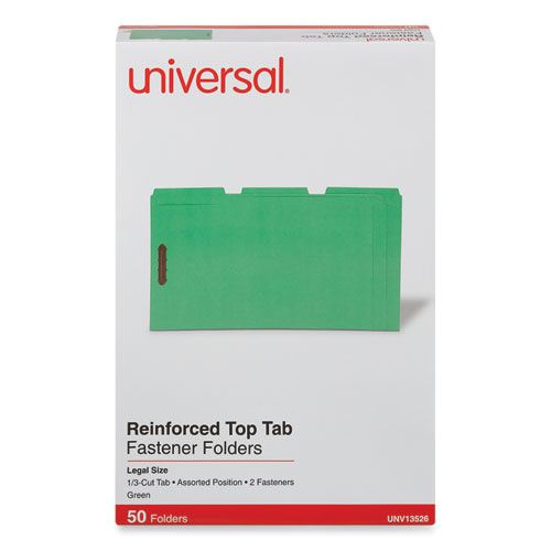 Deluxe Reinforced Top Tab Fastener Folders, 0.75" Expansion, 2 Fasteners, Legal Size, Green Exterior, 50/Box