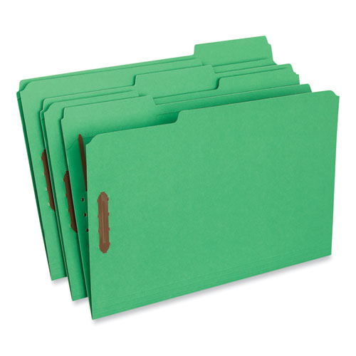 Universal® Deluxe Reinforced Top Tab Fastener Folders, 0.75" Expansion, 2 Fasteners, Legal Size, Green Exterior, 50/Box