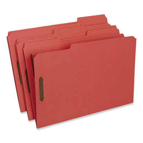 Universal® Deluxe Reinforced Top Tab Fastener Folders, 0.75" Expansion, 2 Fasteners, Legal Size, Red Exterior, 50/Box
