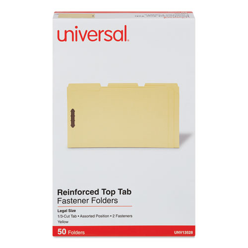 Image of Universal® Deluxe Reinforced Top Tab Fastener Folders, 0.75" Expansion, 2 Fasteners, Legal Size, Yellow Exterior, 50/Box