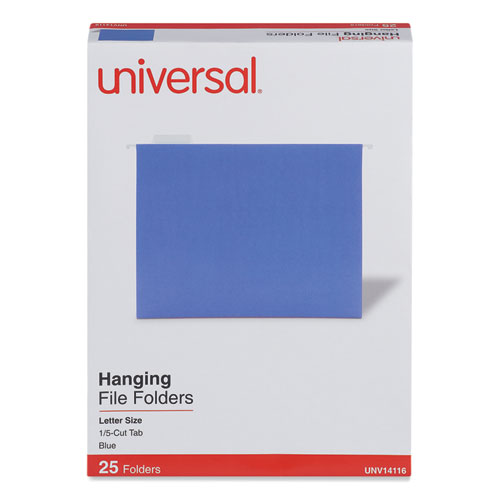 Universal® Deluxe Bright Color Hanging File Folders, Letter Size, 1/5-Cut Tabs, Blue, 25/Box