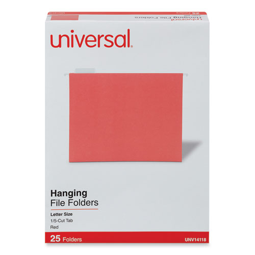 Universal® Deluxe Bright Color Hanging File Folders, Letter Size, 1/5-Cut Tabs, Red, 25/Box